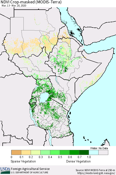 Eastern Africa Cropland NDVI (Terra-MODIS) Thematic Map For 3/11/2020 - 3/20/2020