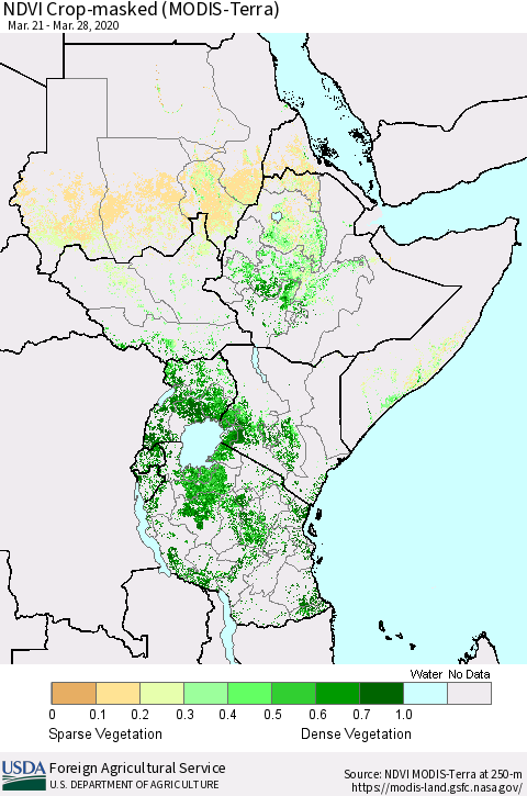 Eastern Africa Cropland NDVI (Terra-MODIS) Thematic Map For 3/21/2020 - 3/31/2020