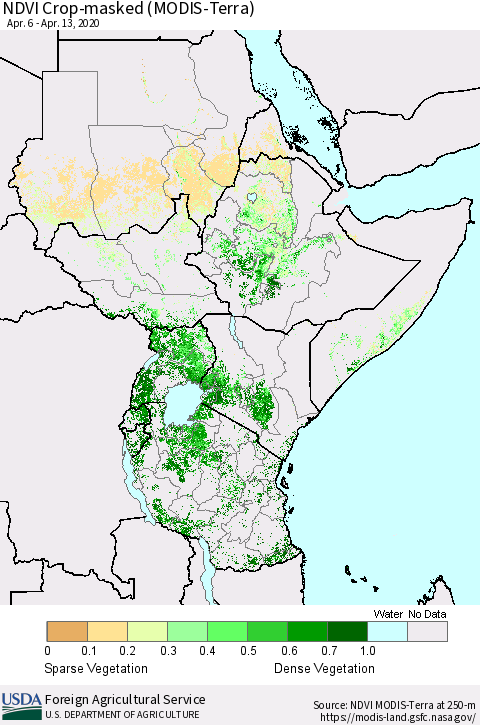 Eastern Africa Cropland NDVI (Terra-MODIS) Thematic Map For 4/11/2020 - 4/20/2020