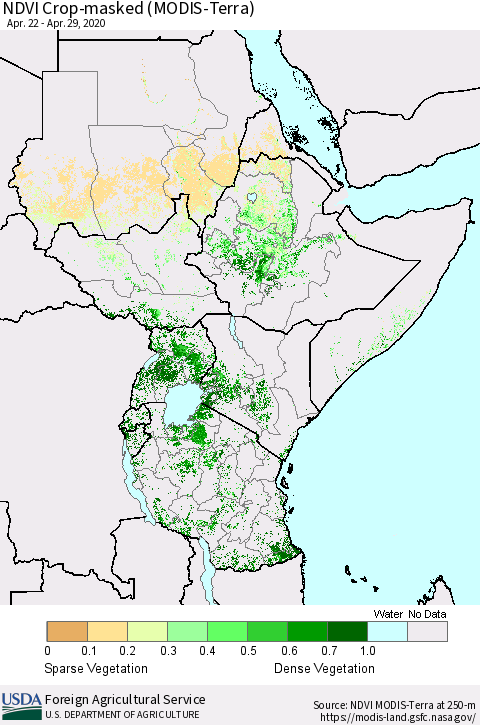 Eastern Africa Cropland NDVI (Terra-MODIS) Thematic Map For 4/21/2020 - 4/30/2020