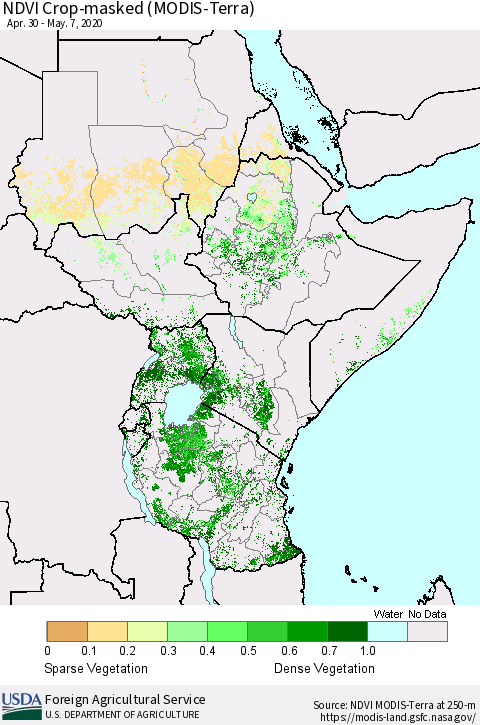 Eastern Africa Cropland NDVI (Terra-MODIS) Thematic Map For 5/1/2020 - 5/10/2020