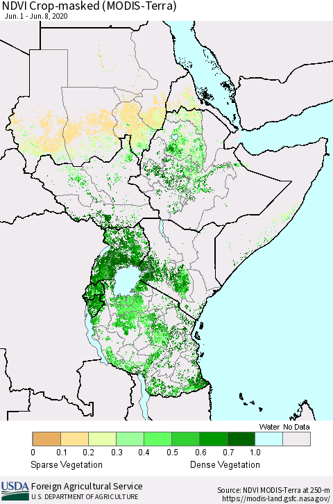 Eastern Africa NDVI Crop-masked (MODIS-Terra) Thematic Map For 6/1/2020 - 6/10/2020