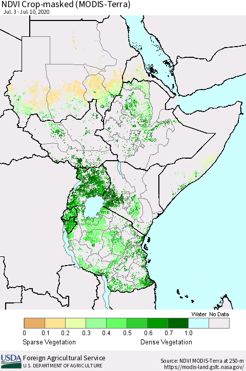 Eastern Africa Cropland NDVI (Terra-MODIS) Thematic Map For 7/1/2020 - 7/10/2020