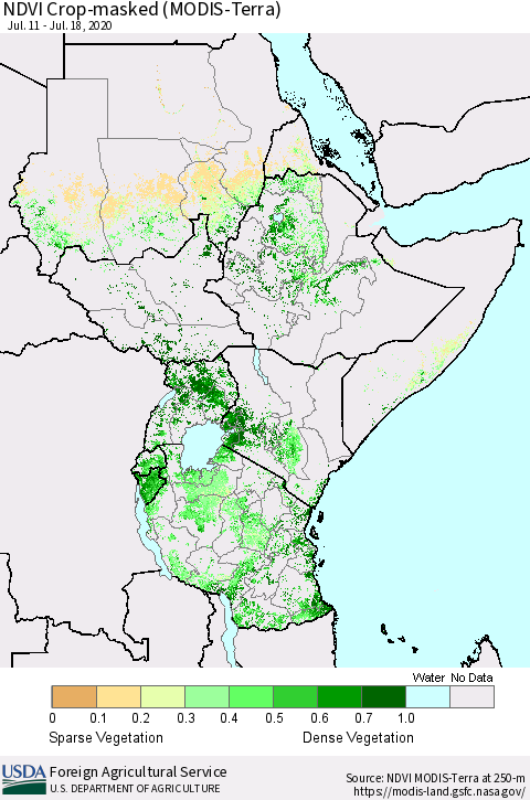 Eastern Africa Cropland NDVI (Terra-MODIS) Thematic Map For 7/11/2020 - 7/20/2020