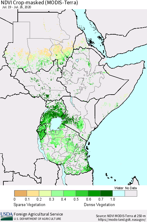 Eastern Africa NDVI Crop-masked (MODIS-Terra) Thematic Map For 7/21/2020 - 7/31/2020