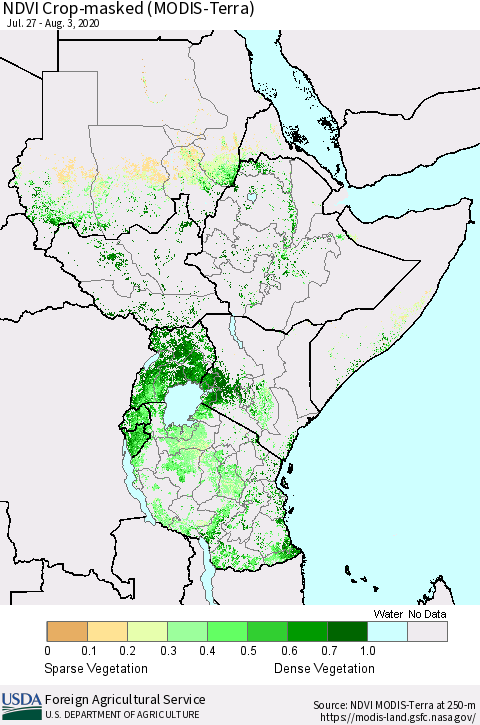 Eastern Africa NDVI Crop-masked (MODIS-Terra) Thematic Map For 8/1/2020 - 8/10/2020