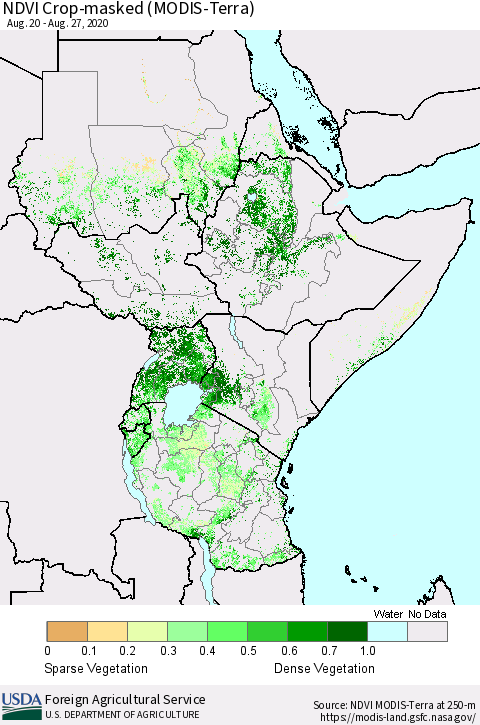Eastern Africa NDVI Crop-masked (MODIS-Terra) Thematic Map For 8/21/2020 - 8/31/2020