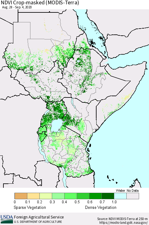 Eastern Africa Cropland NDVI (Terra-MODIS) Thematic Map For 9/1/2020 - 9/10/2020