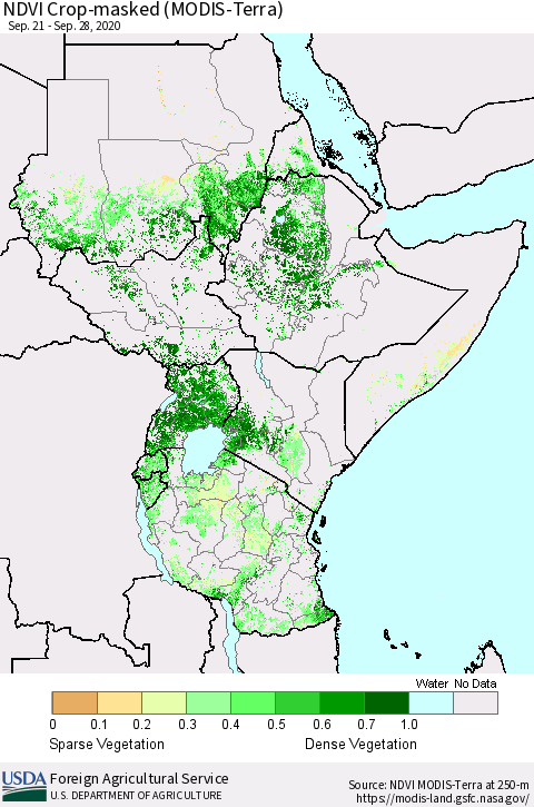 Eastern Africa NDVI Crop-masked (MODIS-Terra) Thematic Map For 9/21/2020 - 9/30/2020
