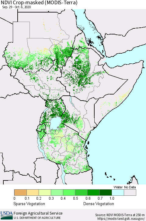Eastern Africa Cropland NDVI (Terra-MODIS) Thematic Map For 10/1/2020 - 10/10/2020
