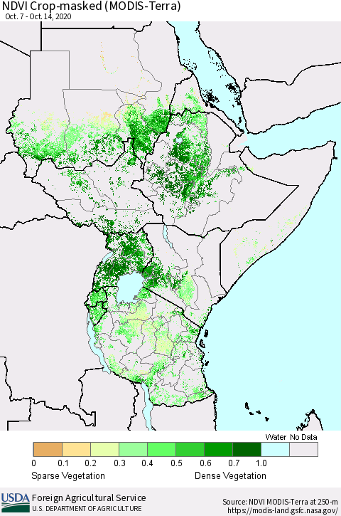 Eastern Africa Cropland NDVI (Terra-MODIS) Thematic Map For 10/11/2020 - 10/20/2020
