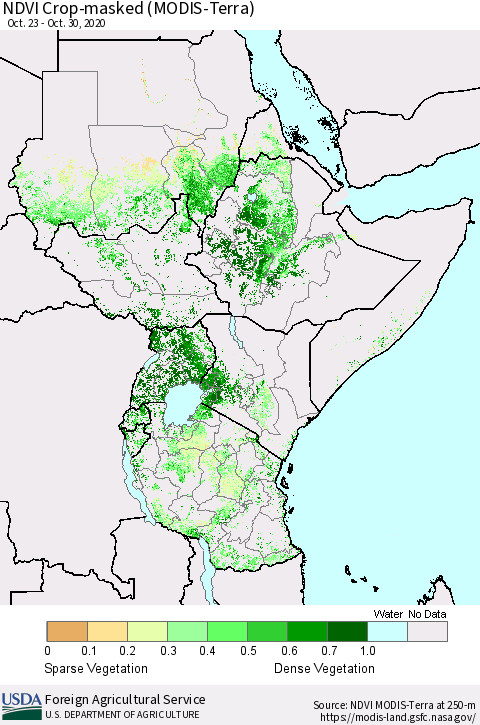 Eastern Africa Cropland NDVI (Terra-MODIS) Thematic Map For 10/21/2020 - 10/31/2020