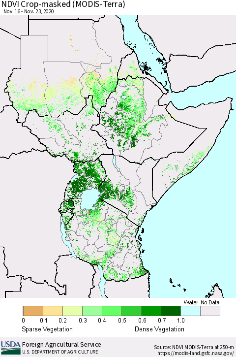 Eastern Africa Cropland NDVI (Terra-MODIS) Thematic Map For 11/21/2020 - 11/30/2020