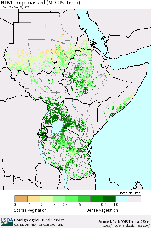 Eastern Africa NDVI Crop-masked (MODIS-Terra) Thematic Map For 12/1/2020 - 12/10/2020