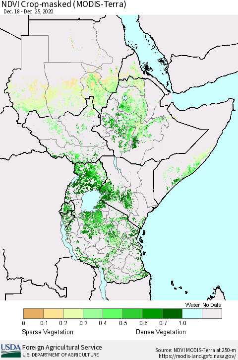 Eastern Africa Cropland NDVI (Terra-MODIS) Thematic Map For 12/21/2020 - 12/31/2020