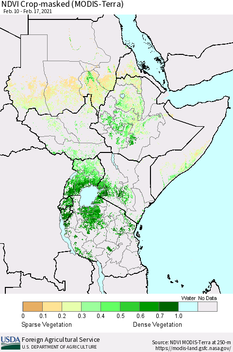 Eastern Africa NDVI Crop-masked (MODIS-Terra) Thematic Map For 2/11/2021 - 2/20/2021