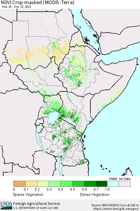 Eastern Africa Cropland NDVI (Terra-MODIS) Thematic Map For 2/21/2021 - 2/28/2021