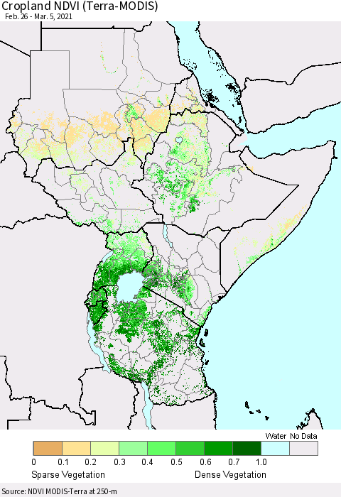 Eastern Africa Cropland NDVI (Terra-MODIS) Thematic Map For 2/26/2021 - 3/5/2021