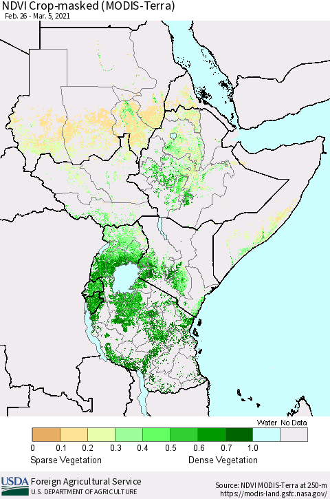 Eastern Africa Cropland NDVI (Terra-MODIS) Thematic Map For 3/1/2021 - 3/10/2021