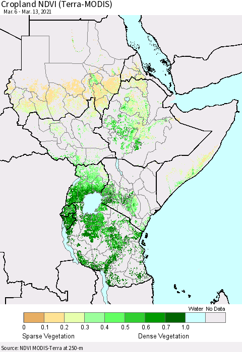 Eastern Africa Cropland NDVI (Terra-MODIS) Thematic Map For 3/6/2021 - 3/13/2021