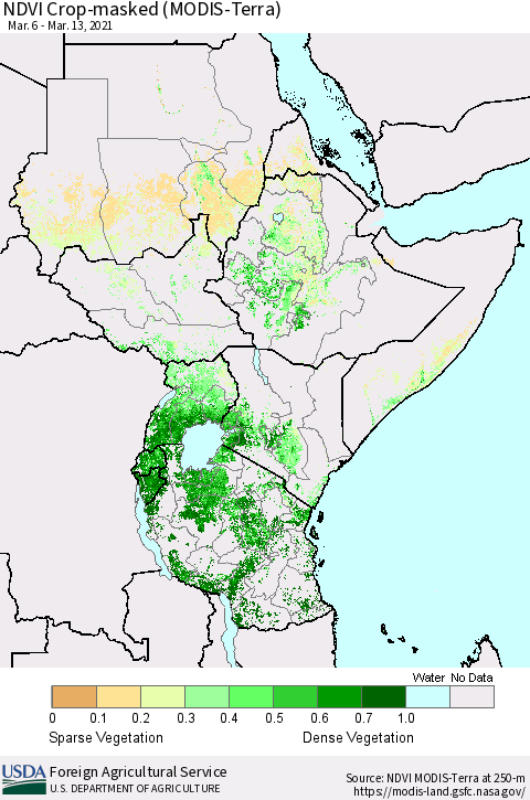 Eastern Africa NDVI Crop-masked (MODIS-Terra) Thematic Map For 3/11/2021 - 3/20/2021