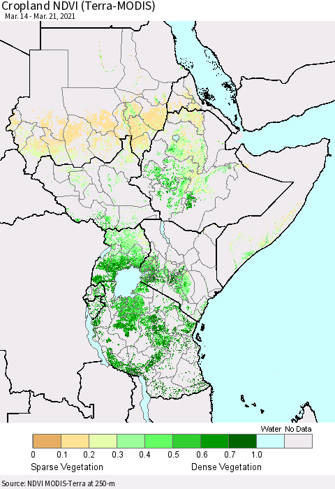 Eastern Africa Cropland NDVI (Terra-MODIS) Thematic Map For 3/14/2021 - 3/21/2021