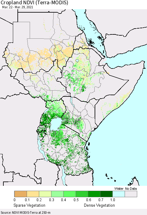 Eastern Africa Cropland NDVI (Terra-MODIS) Thematic Map For 3/22/2021 - 3/29/2021