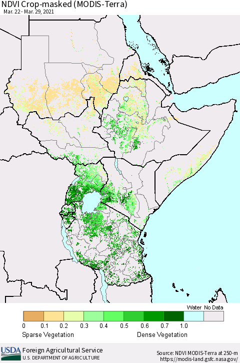 Eastern Africa Cropland NDVI (Terra-MODIS) Thematic Map For 3/21/2021 - 3/31/2021