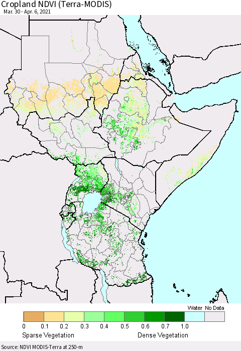 Eastern Africa Cropland NDVI (Terra-MODIS) Thematic Map For 3/30/2021 - 4/6/2021