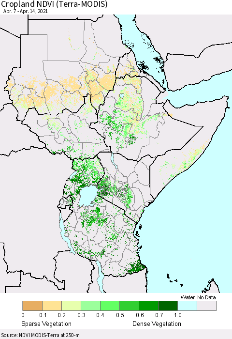 Eastern Africa Cropland NDVI (Terra-MODIS) Thematic Map For 4/7/2021 - 4/14/2021