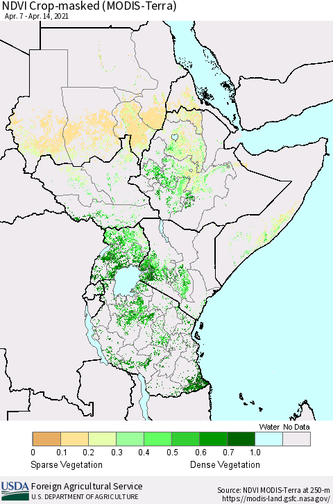 Eastern Africa NDVI Crop-masked (MODIS-Terra) Thematic Map For 4/11/2021 - 4/20/2021