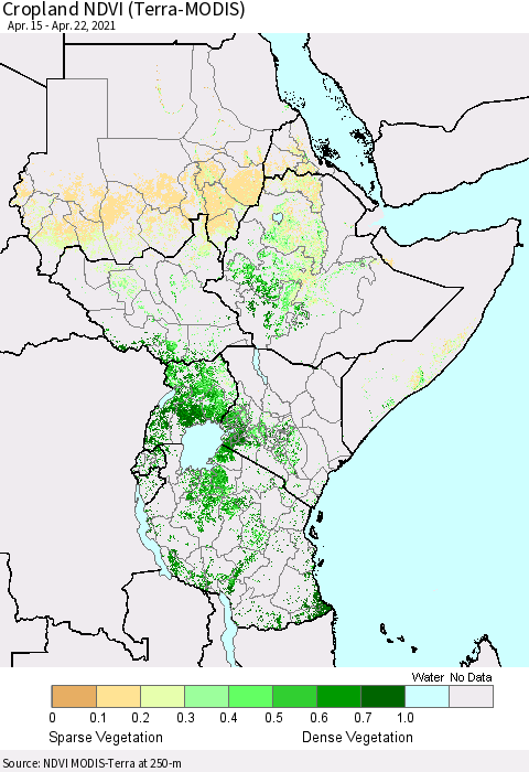 Eastern Africa Cropland NDVI (Terra-MODIS) Thematic Map For 4/15/2021 - 4/22/2021