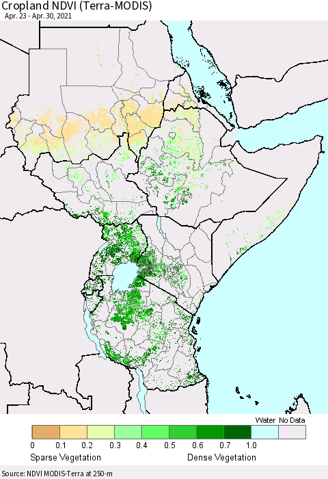Eastern Africa Cropland NDVI (Terra-MODIS) Thematic Map For 4/21/2021 - 4/30/2021