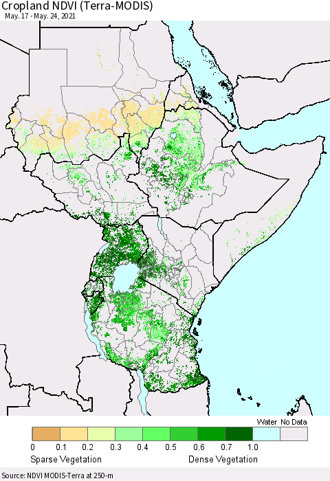 Eastern Africa Cropland NDVI (Terra-MODIS) Thematic Map For 5/17/2021 - 5/24/2021