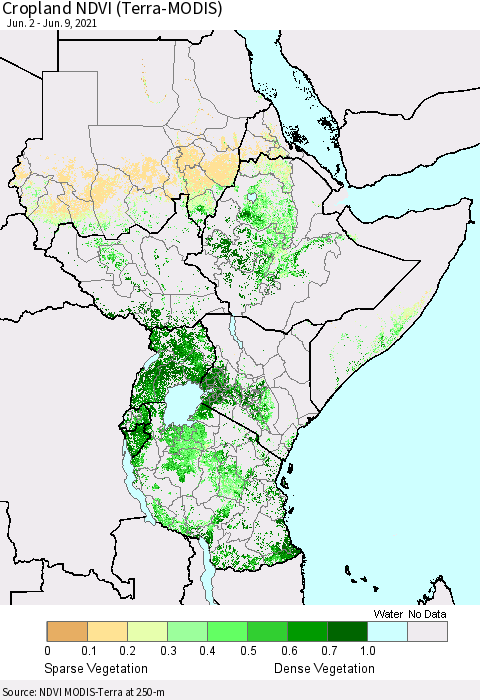 Eastern Africa Cropland NDVI (Terra-MODIS) Thematic Map For 6/2/2021 - 6/9/2021