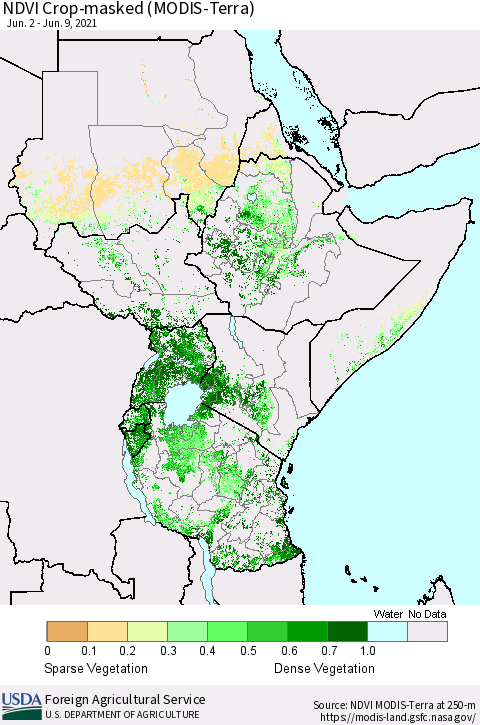 Eastern Africa NDVI Crop-masked (MODIS-Terra) Thematic Map For 6/1/2021 - 6/10/2021