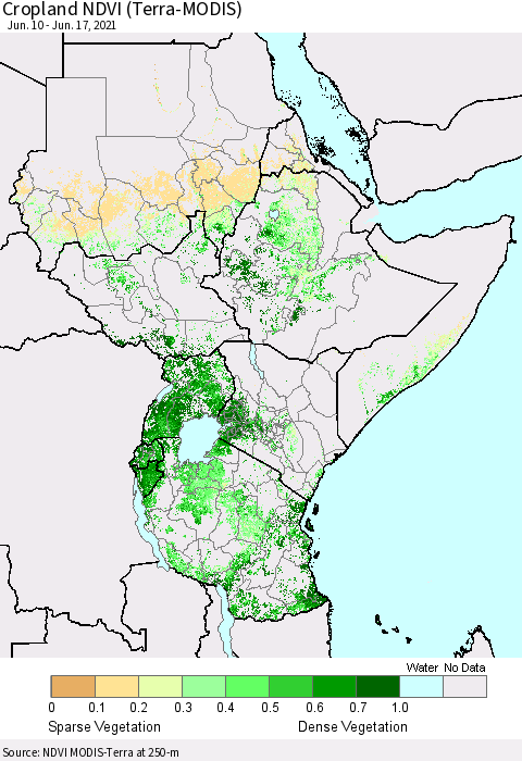 Eastern Africa Cropland NDVI (Terra-MODIS) Thematic Map For 6/10/2021 - 6/17/2021