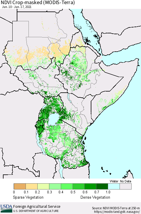 Eastern Africa Cropland NDVI (Terra-MODIS) Thematic Map For 6/11/2021 - 6/20/2021