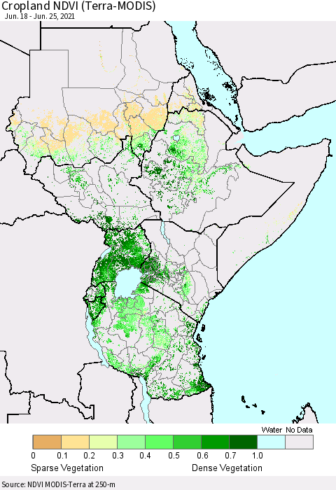 Eastern Africa Cropland NDVI (Terra-MODIS) Thematic Map For 6/18/2021 - 6/25/2021