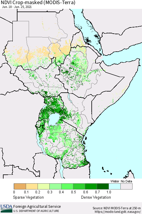 Eastern Africa Cropland NDVI (Terra-MODIS) Thematic Map For 6/21/2021 - 6/30/2021