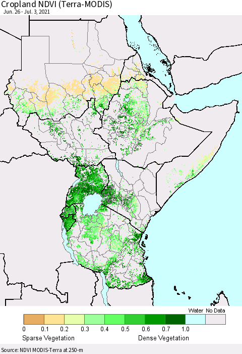 Eastern Africa Cropland NDVI (Terra-MODIS) Thematic Map For 6/26/2021 - 7/3/2021