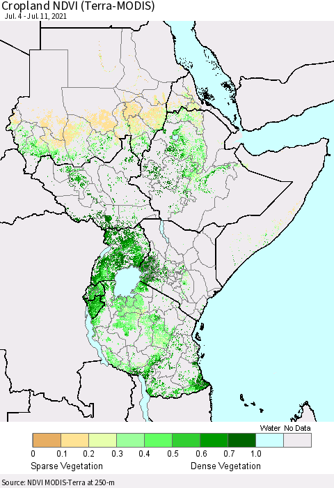 Eastern Africa Cropland NDVI (Terra-MODIS) Thematic Map For 7/4/2021 - 7/11/2021