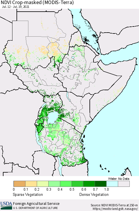 Eastern Africa Cropland NDVI (Terra-MODIS) Thematic Map For 7/11/2021 - 7/20/2021
