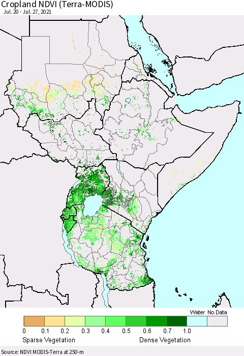 Eastern Africa Cropland NDVI (Terra-MODIS) Thematic Map For 7/20/2021 - 7/27/2021