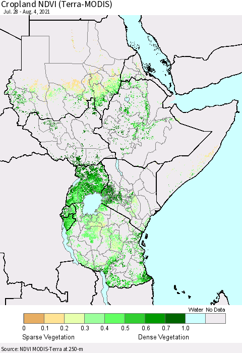 Eastern Africa Cropland NDVI (Terra-MODIS) Thematic Map For 7/28/2021 - 8/4/2021