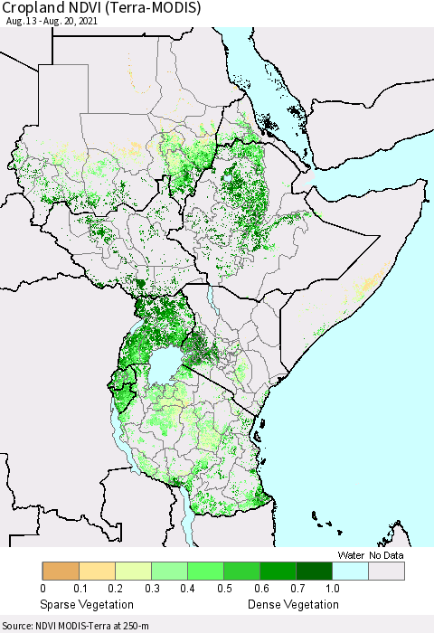 Eastern Africa Cropland NDVI (Terra-MODIS) Thematic Map For 8/13/2021 - 8/20/2021
