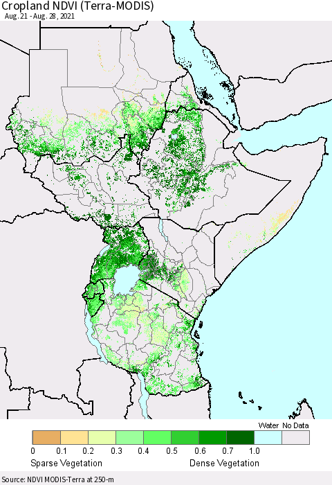 Eastern Africa Cropland NDVI (Terra-MODIS) Thematic Map For 8/21/2021 - 8/28/2021