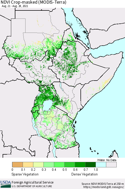 Eastern Africa NDVI Crop-masked (MODIS-Terra) Thematic Map For 8/21/2021 - 8/31/2021