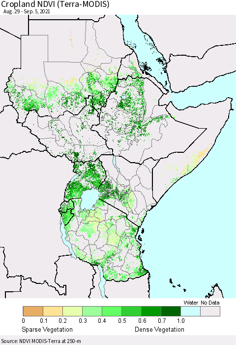 Eastern Africa Cropland NDVI (Terra-MODIS) Thematic Map For 8/29/2021 - 9/5/2021