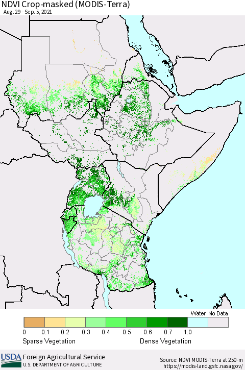 Eastern Africa NDVI Crop-masked (MODIS-Terra) Thematic Map For 9/1/2021 - 9/10/2021